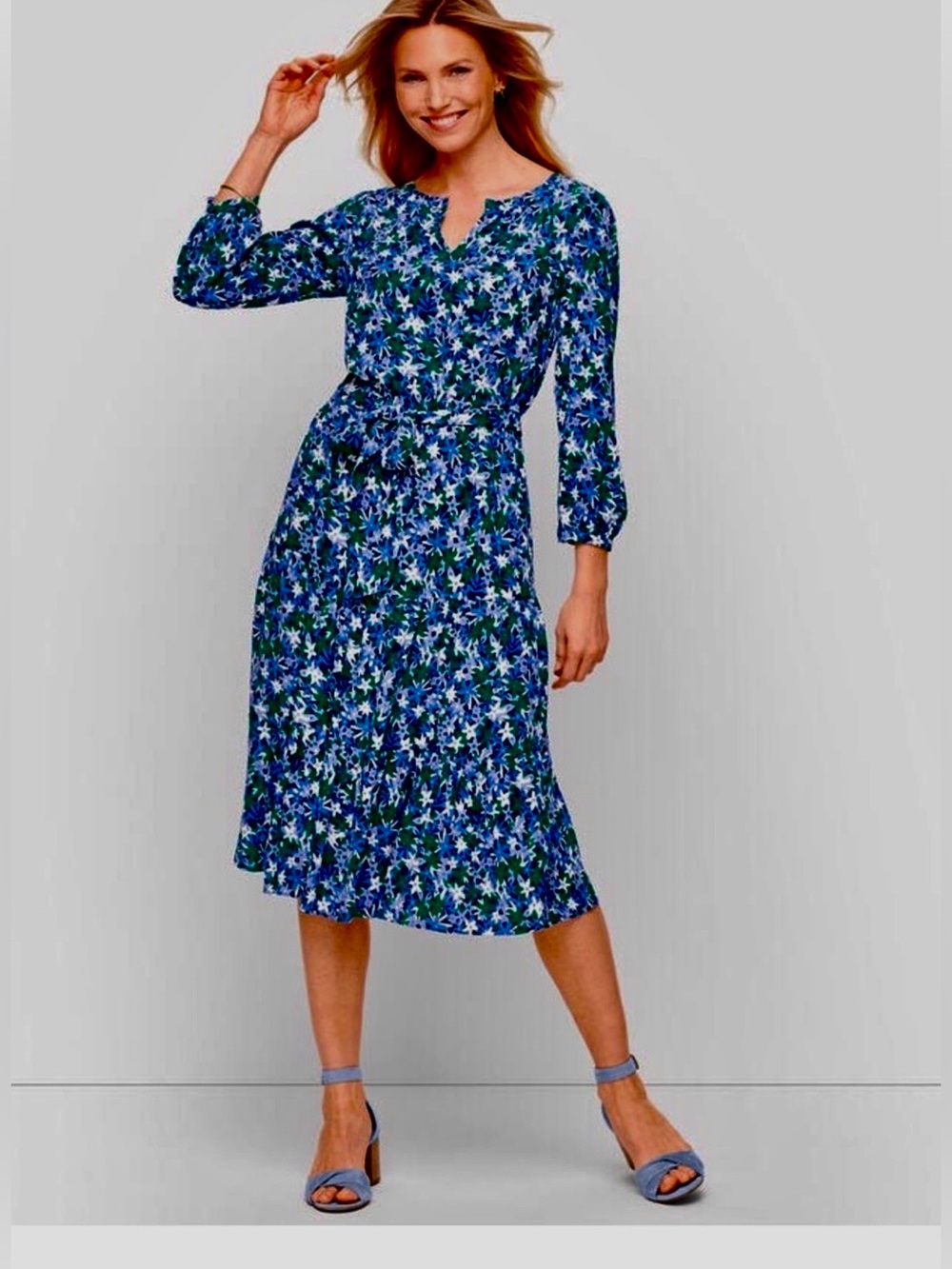 TALBOTS Sz 6 Petite Midi Dress Flowy Blue Green Floral Print Split Neck